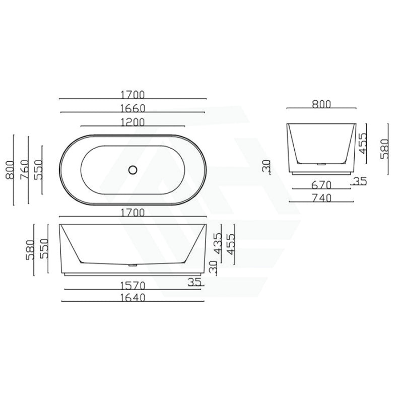 1500/1700Mm Ceto Ally Groove Oval Bathtub Freestanding Acrylic Gloss White No Overflow 1700Mm