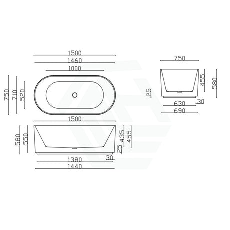 1500/1700Mm Ceto Ally Groove Oval Bathtub Freestanding Acrylic Gloss White No Overflow 1500Mm