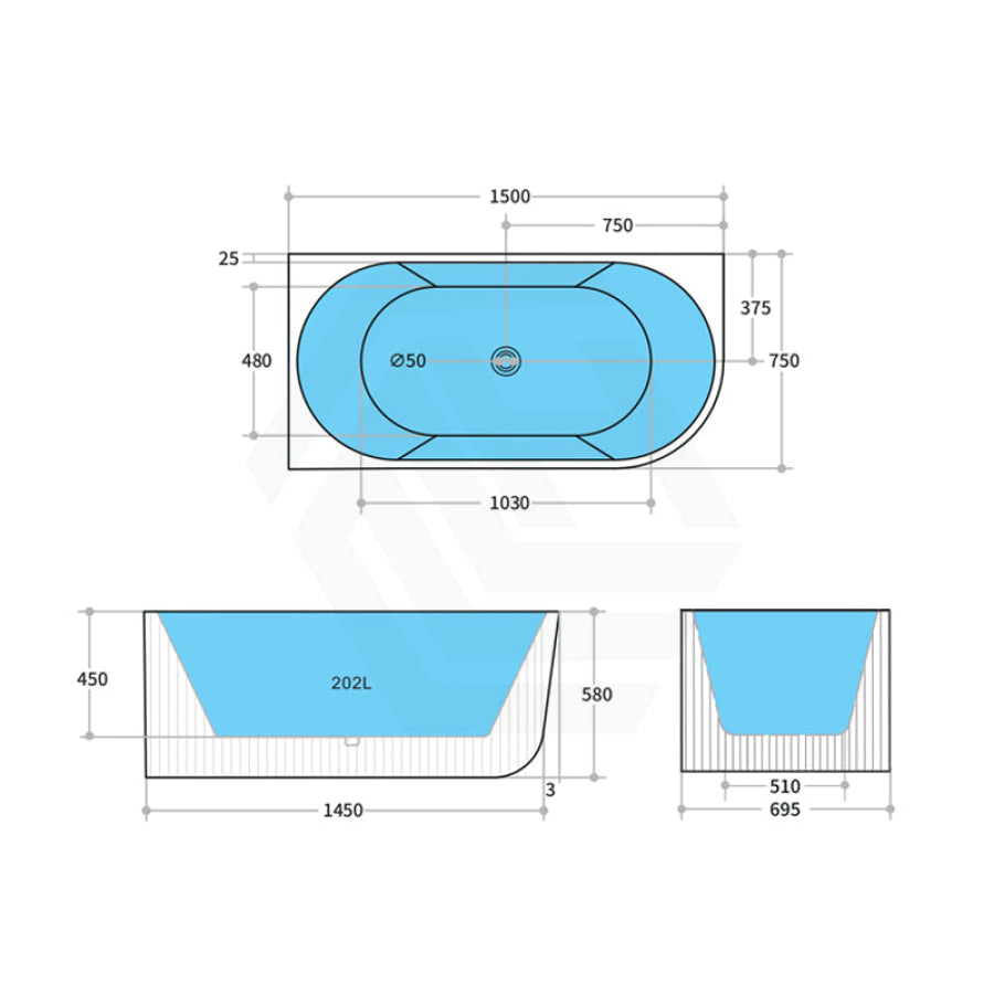 1500/1700Mm Ceto Capri Left Corner Back To Wall Bathtub Gloss White No Overflow 1500Mm Bathtubs