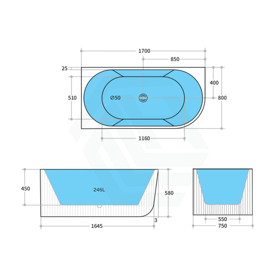 1500/1700Mm Ceto Capri Left Corner Back To Wall Bathtub Gloss White No Overflow 1700Mm Bathtubs