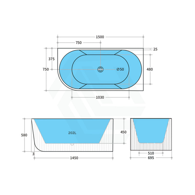 1500/1700Mm Ceto Capri Right Corner Back To Wall Bathtub Gloss White No Overflow 1500Mm Bathtubs