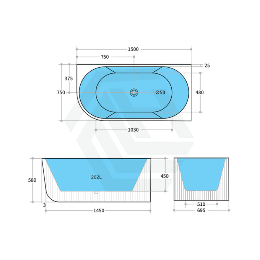 1500/1700Mm Ceto Capri Right Corner Back To Wall Bathtub Matt Black No Overflow Left Bathtubs