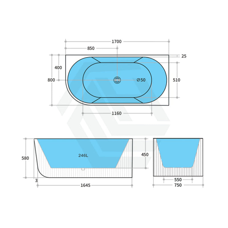 1500/1700Mm Ceto Capri Right Corner Back To Wall Bathtub Matt Black No Overflow Left Bathtubs