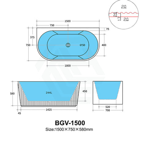 1500/1700Mm Ceto Back To Wall Bathtub Gloss White No Overflow 1500Mm Bathtubs