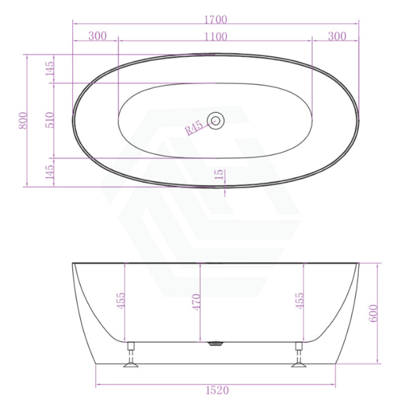 Delta Matt White Bathtub With Super Slim Edge 1700*800*600 (290L) Bathtubs