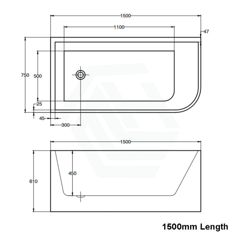 1500/1700Mm Ellie Bathtub Left Corner Back Acrylic Gloss White No Overflow 1500Mm