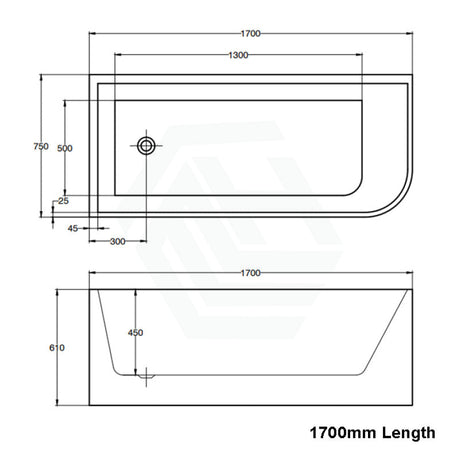 1500/1700Mm Ellie Bathtub Left Corner Back Acrylic Gloss White No Overflow 1700Mm