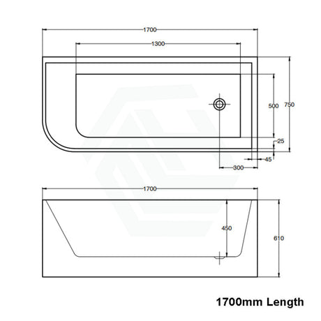 1500/1700Mm Ellie Bathtub Right Corner Back Acrylic Gloss White No Overflow 1700Mm