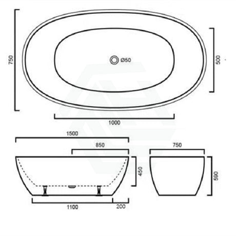 1500/1700Mm Full Matt Black Oval Bathtub Freestanding Acrylic No Overflow 1500Mm