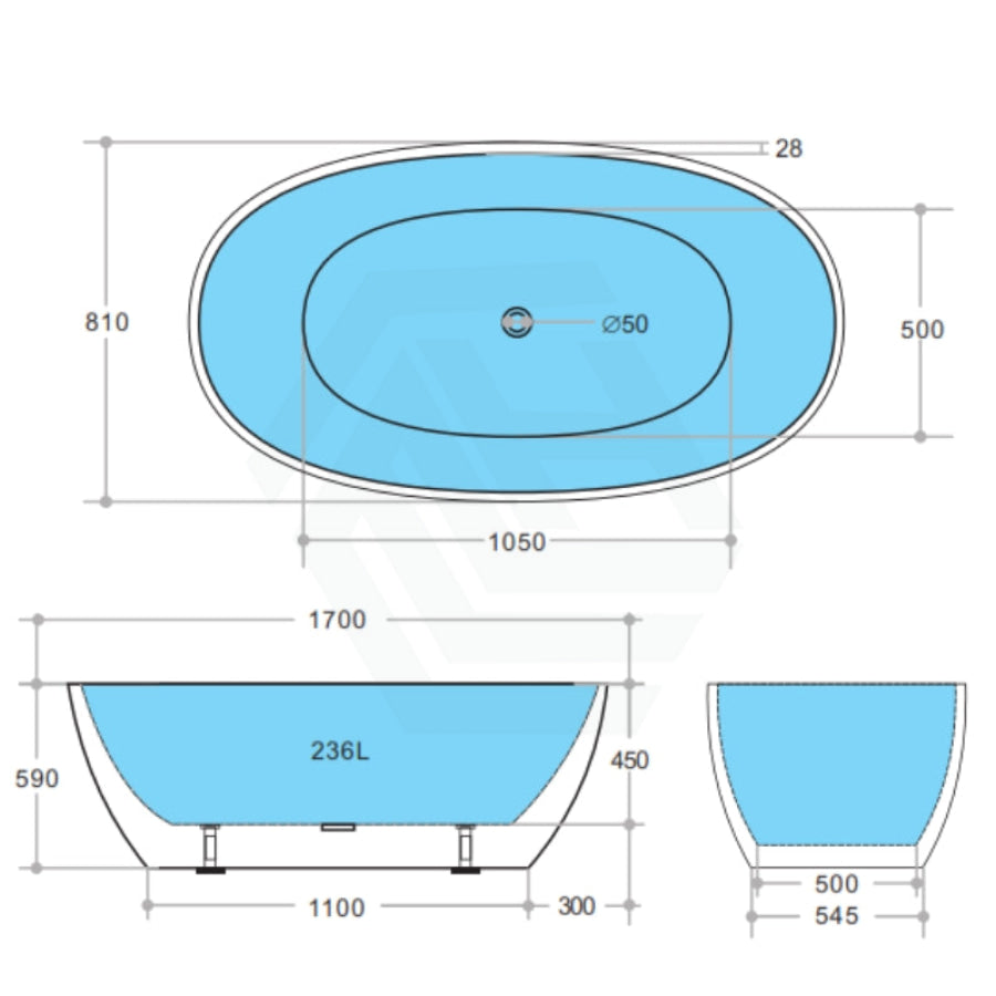 1500/1700Mm Full Matt Black Oval Bathtub Freestanding Acrylic No Overflow 1700Mm Bathtubs