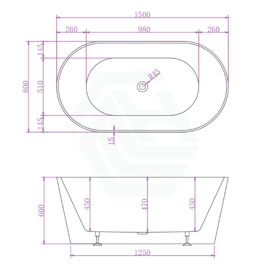 Mia Matt White Bathtub With Super Slim Edge 1500*800*600 (260L) Bathtubs