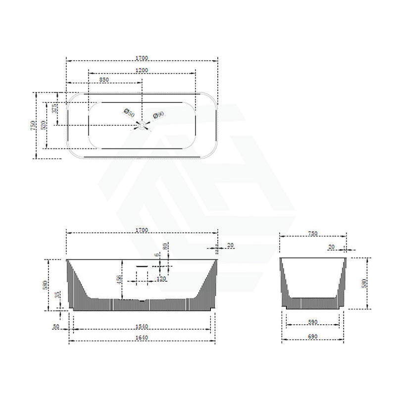 1500/1700Mm Milano Freestanding Bathtub Acrylic Matt White & Black No Overflow 1700Mm Back To Wall