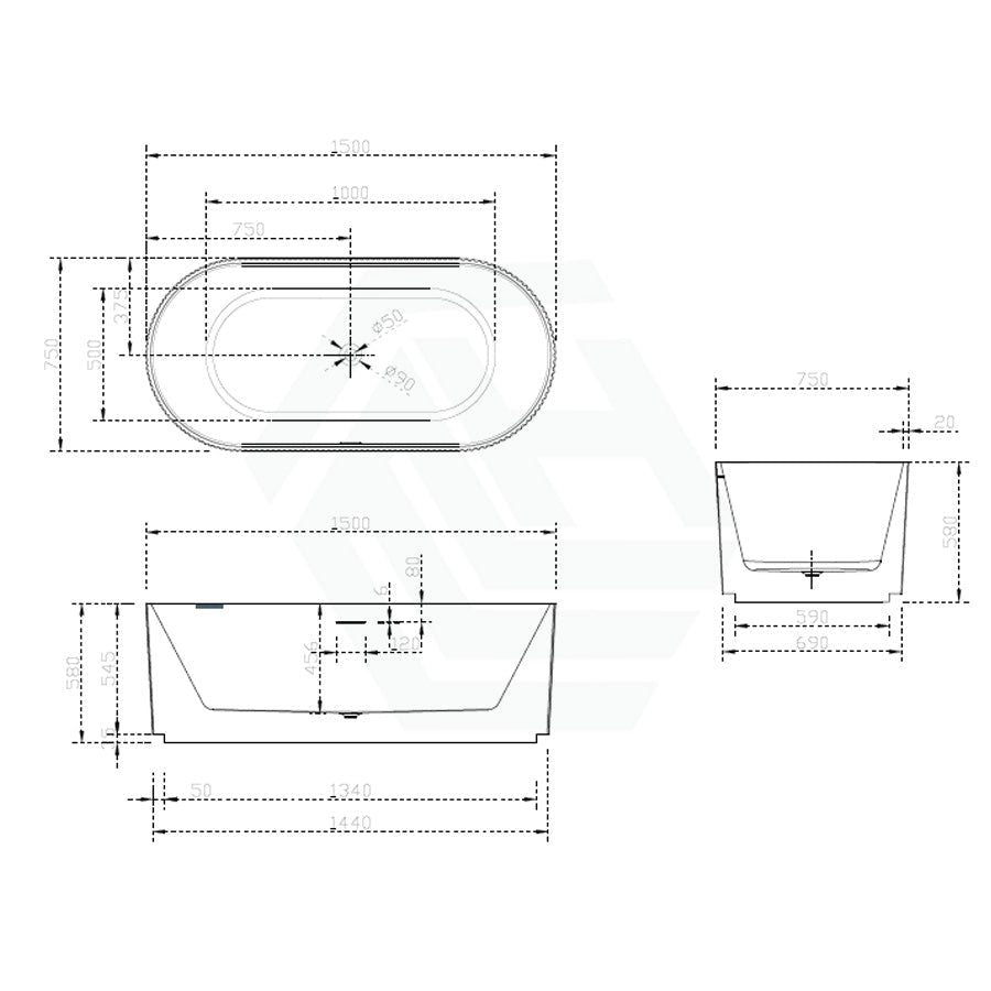 1500/1700Mm Oslo V - Groove Freestanding Bathtub Fluted Matt White & Black No Overflow 1500Mm Back