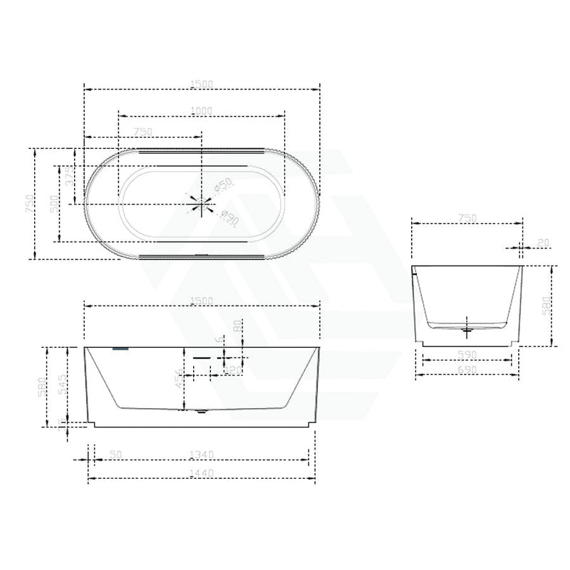 1500/1700Mm Oslo V - Groove Freestanding Bathtub Fluted Matt White & Black No Overflow 1500Mm Back