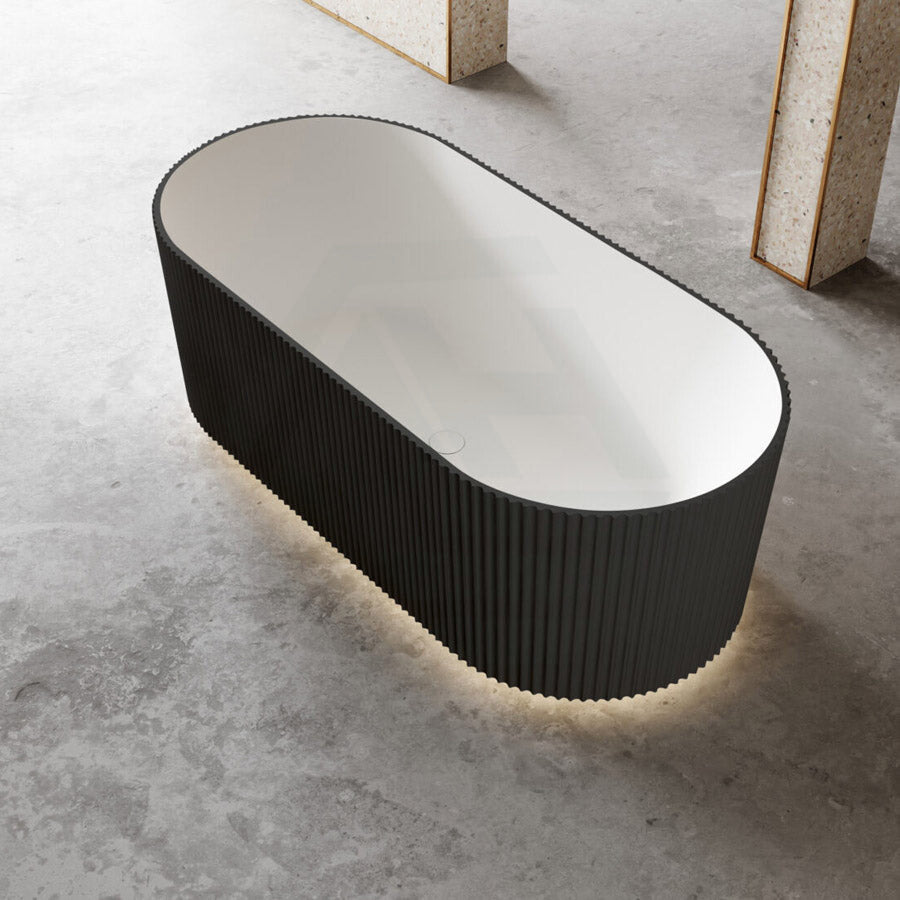 1500/1700Mm Oslo V - Groove Freestanding Bathtub Fluted Matt White & Black No Overflow Back To Wall