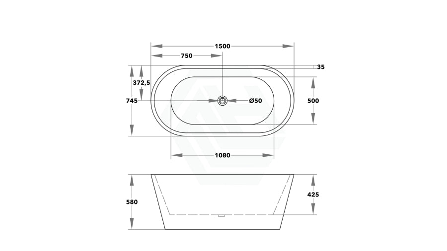 1500/1700Mm Ovia Oval Bathtub Freestanding Acrylic Gloss Black And White No Overflow 1500Mm