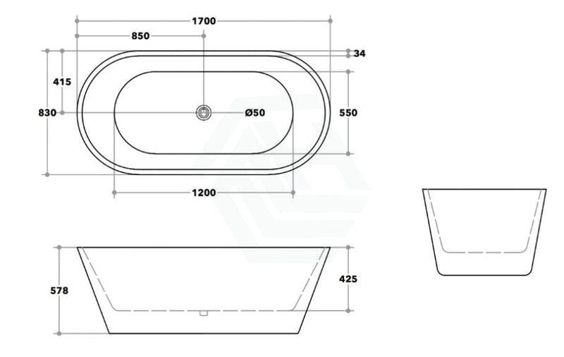 1500/1700Mm Ovia Oval Bathtub Freestanding Acrylic Gloss Black And White No Overflow 1700Mm