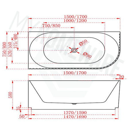 1500/1700Mm Roma Bathtub Left Corner Acrylic Gloss White No Overflow 1500Mm Bathtubs