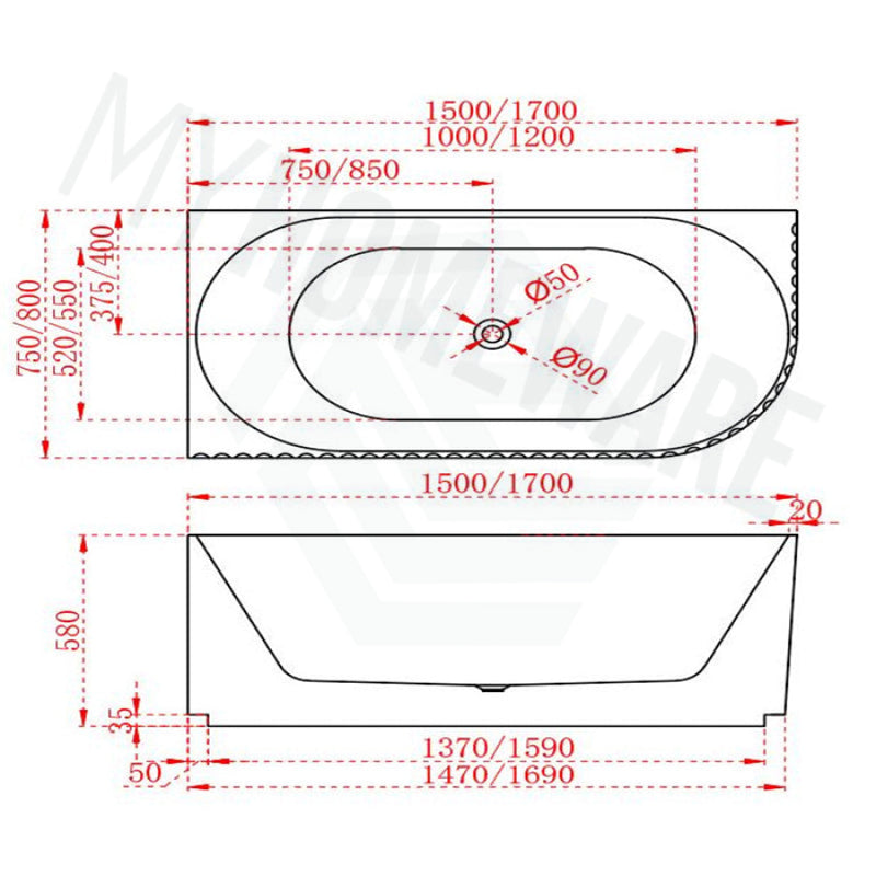 1500/1700Mm Roma Bathtub Left Corner Acrylic Gloss White No Overflow 1500Mm Bathtubs