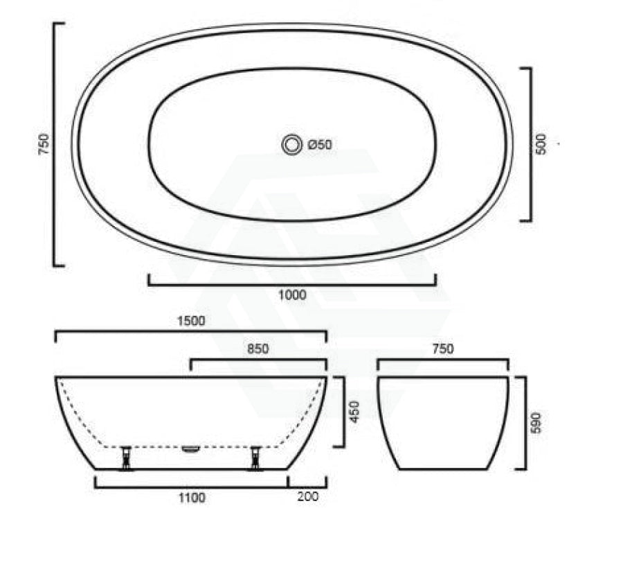 1500/1700Mm Stella Oval Bathtub Freestanding Acrylic Matt White No Overflow 1500Mm