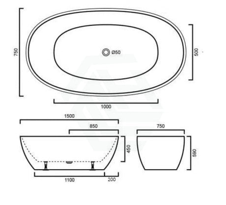 1500/1700Mm Stella Oval Bathtub Freestanding Acrylic Matt White No Overflow 1500Mm