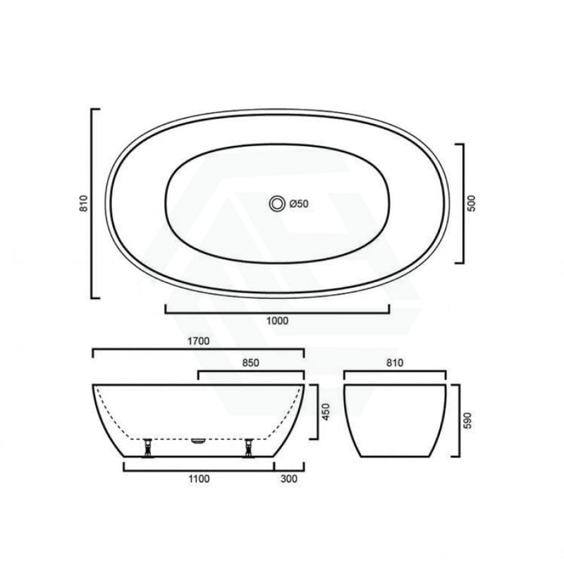 1500/1700Mm Stella Oval Bathtub Freestanding Acrylic Matt White No Overflow 1700Mm