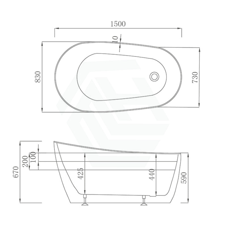 1500Mm Cannes Ultra-Slim Bathtub Freestanding Gloss White And Black Acrylic No Overflow