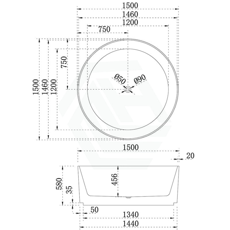 1500mm Sunshine Groove Freestanding Bathtub Round Gloss White NO Overflow