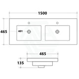 1500X460X135Mm Poly Top For Bathroom Vanity Double Bowls Matt White 1 Tap Hole No Overflow Tops