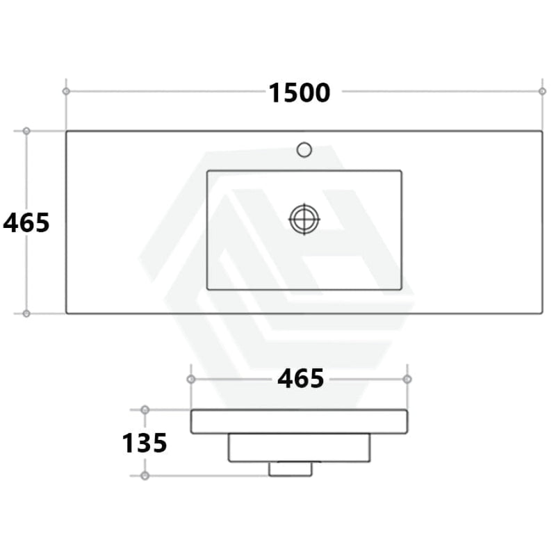 1500X460X135Mm Poly Top For Bathroom Vanity Single Bowl Matt White 1 Tap Hole No Overflow Tops