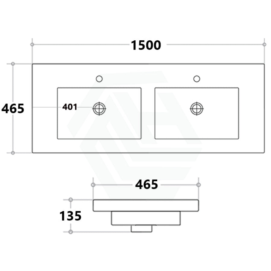 1500X465X135Mm Poly Top For Bathroom Vanity Double Bowls 2 Tap Hole No Overflow Tops