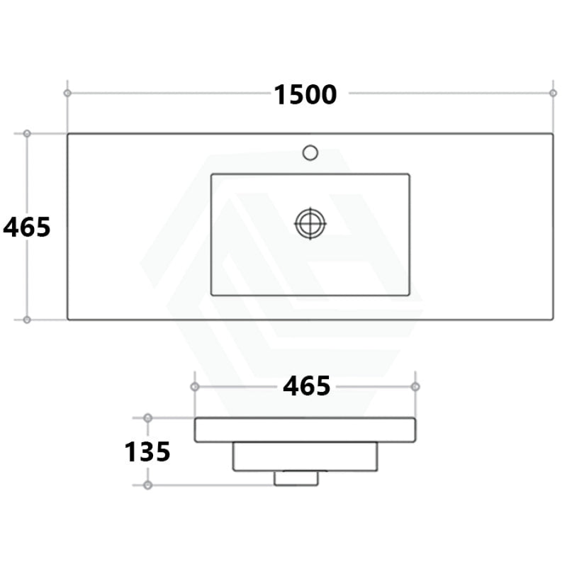 1500X465X135Mm Poly Top For Bathroom Vanity Single Bowl 1 Tap Hole No Overflow Poly Top