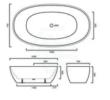 1500X750X590Mm Stella Oval Bathtub Freestanding Acrylic Gloss White No Overflow