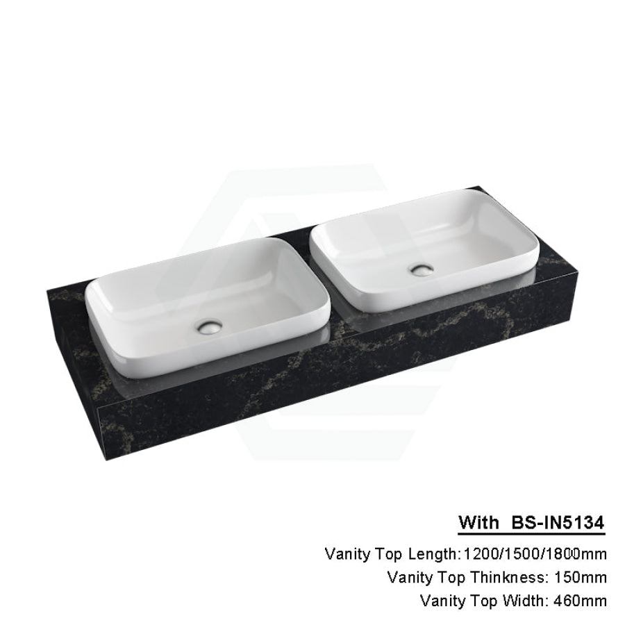 150Mm Gloss Black Swan Stone Top Calacatta Quartz With Inset Basin 1200X460Mm Double Bowls /