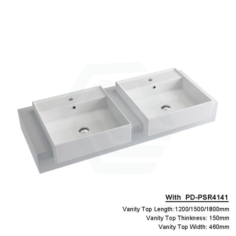 150Mm Gloss Silk White Stone Top Quartz With Semi-Recessed Basin 1200X460Mm Double Bowls /