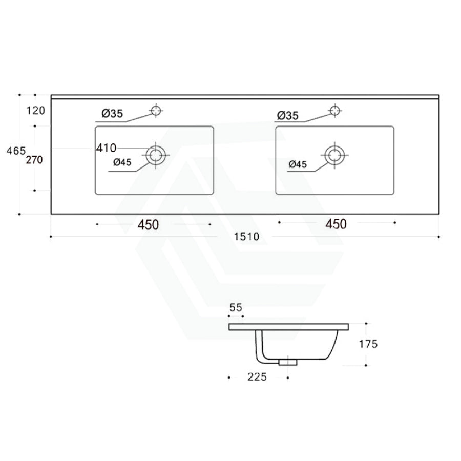 1510X465X175Mm Ceramic Top For Bathroom Vanity Double Bowls Gloss White Tops