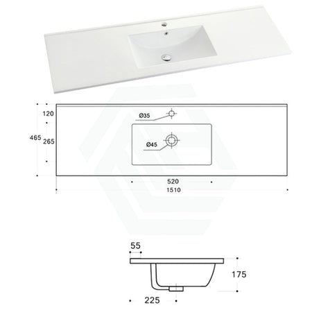 1510X465X175Mm Ceramic Top For Bathroom Vanity Single Bowl 1 Or 3 Tap Holes Available Gloss White