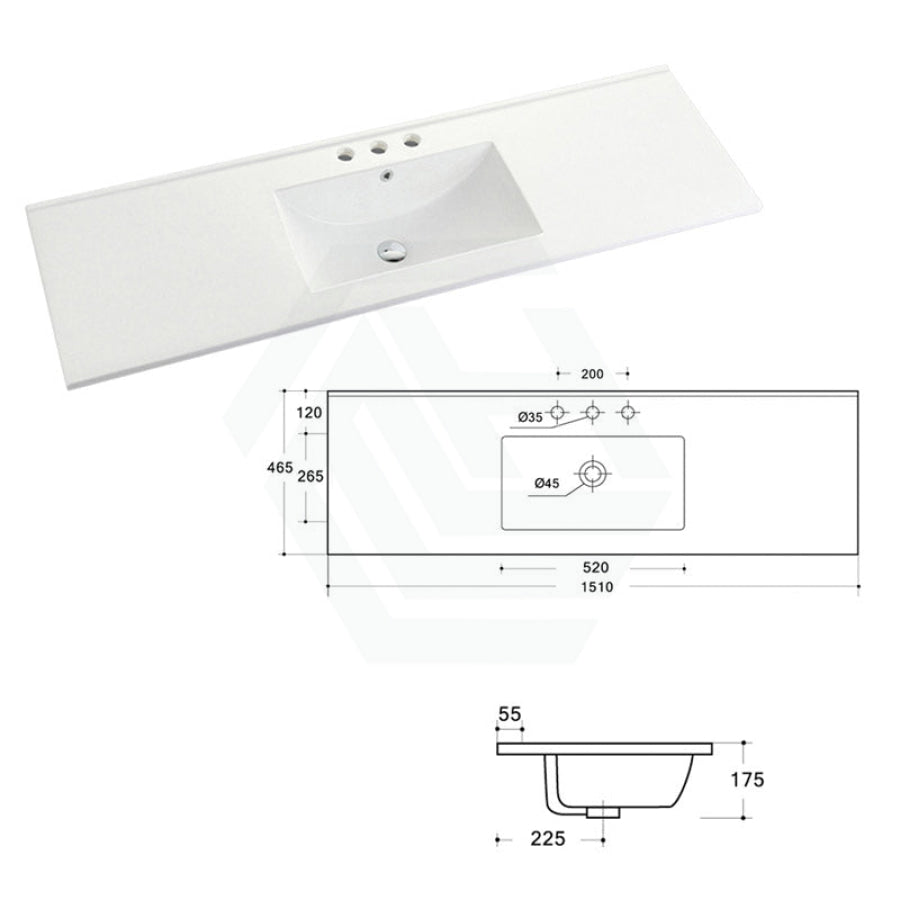 1510X465X175Mm Ceramic Top For Bathroom Vanity Single Bowl 1 Or 3 Tap Holes Available Gloss White