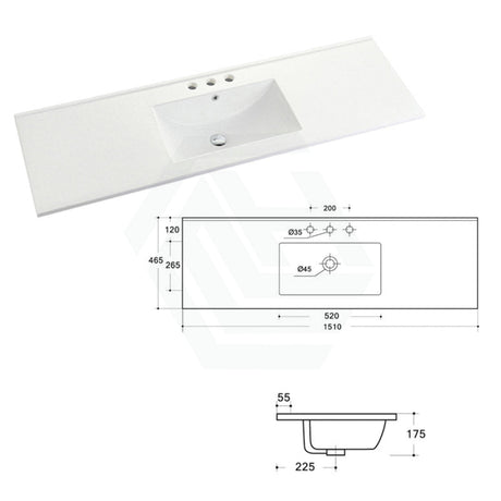 1510X465X175Mm Ceramic Top For Bathroom Vanity Single Bowl 1 Or 3 Tap Holes Available Gloss White