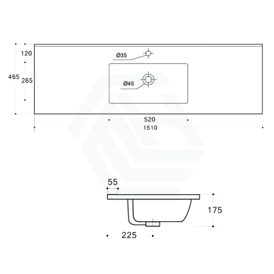 1510X465X175Mm Ceramic Top For Bathroom Vanity Single Bowl 1 Or 3 Tap Holes Available Gloss White