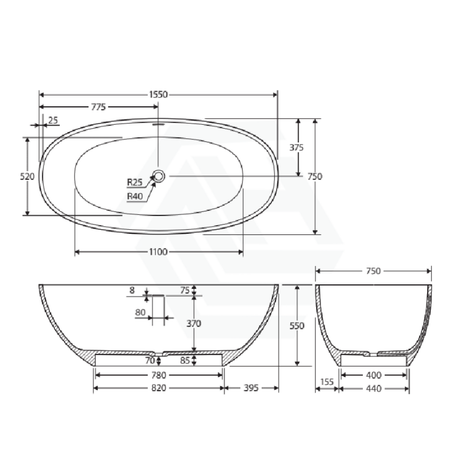 1550/1650Mm Fienza Sasso Oval Freestanding Bathtub Stone Matt White Integrated Overflow Bathtubs