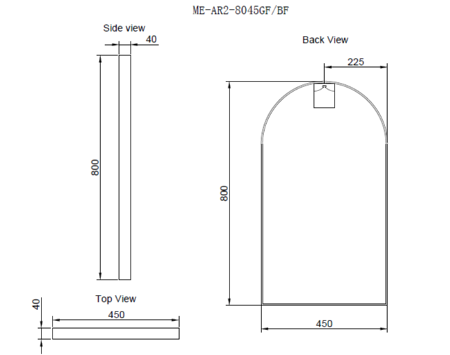 450X800X45Mm Bathroom Black Framed Arch Mirror Wall Mounted Mirrors