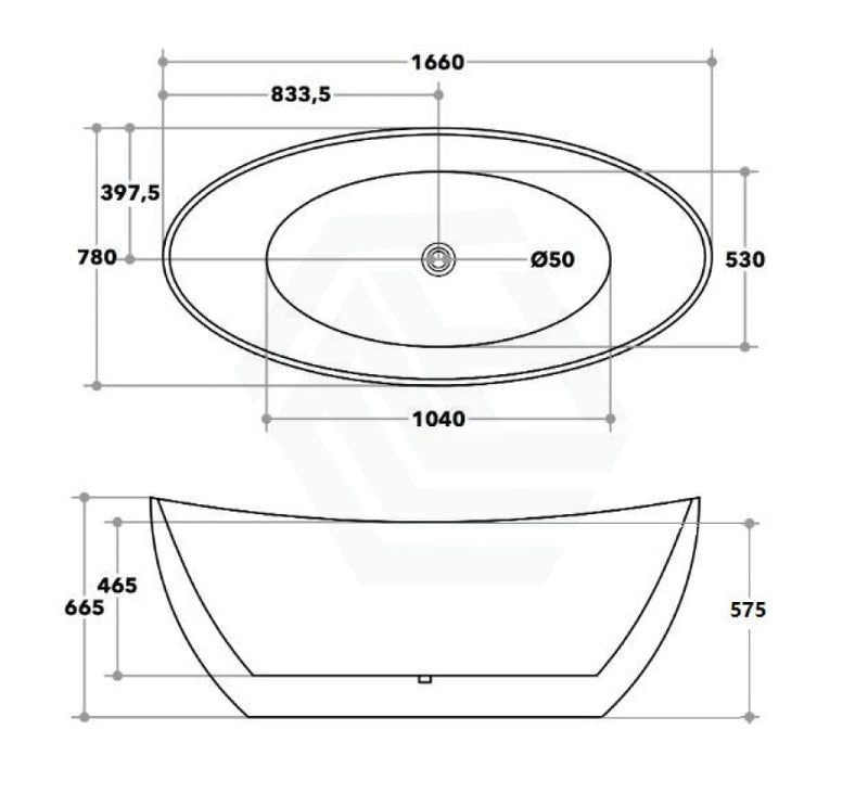 1660X780X665Mm Evie Oval Bathtub Freestanding Acrylic Gloss White No Overflow