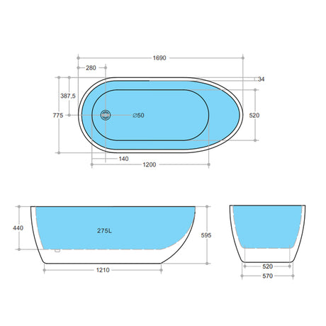 1690X775X585Mm Veda Freestanding Acrylic Gloss Black & White Bathtub Slim Edge No Overflow