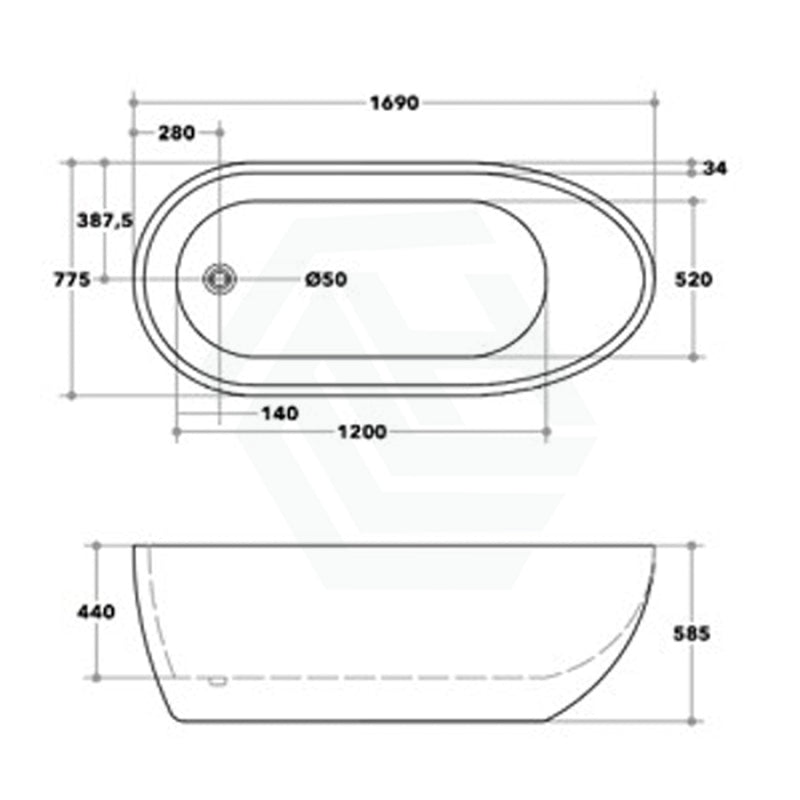 1690X775X585Mm Veda Freestanding Acrylic Gloss Black & White Bathtub Slim Edge No Overflow