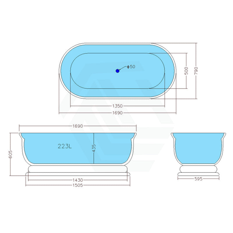 1690X790X605Mm Fremantle Freestanding Bathtub Gloss White Oval Acrylic No Overflow Bathtubs