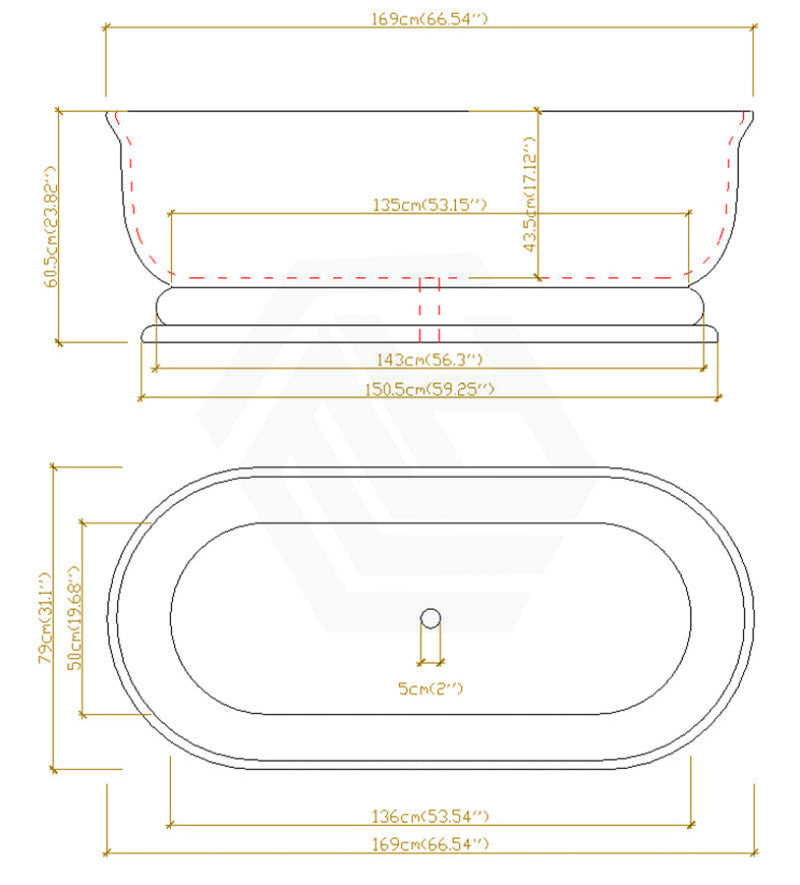 1690X790X610Mm Chloe Freestanding Bathtub Gloss White Oval Acrylic No Overflow