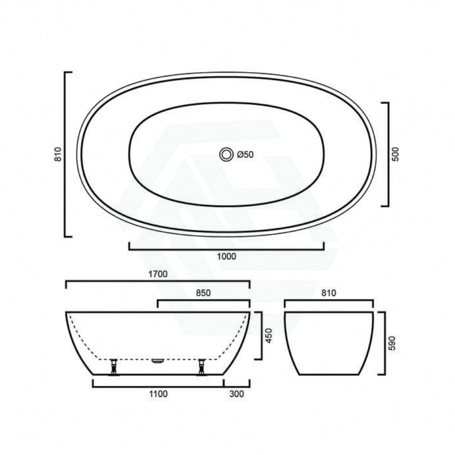 1700X810X590Mm Stella Oval Bathtub Freestanding Acrylic Matt Black & White No Overflow