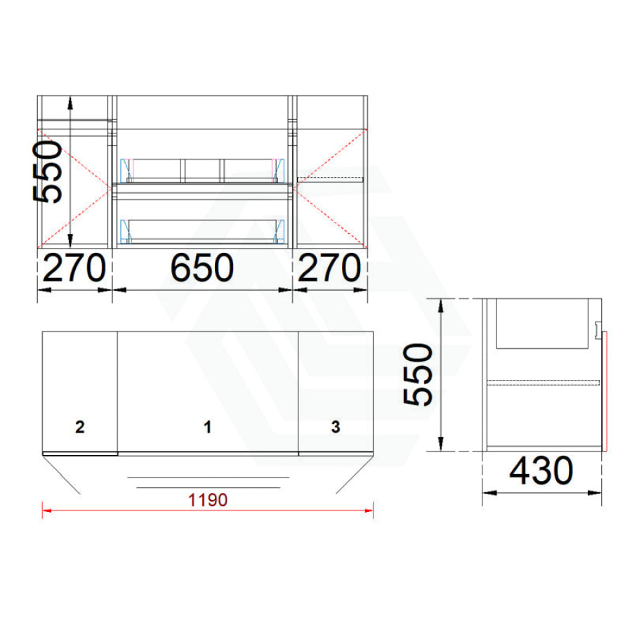 2 Doors Middle Drawers Wall Hung Bathroom Floating Vanity Multi-Colour Cabinet Only 1200Mm(Single