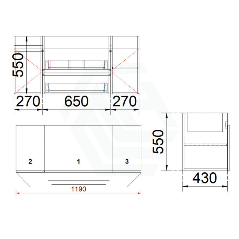 2 Doors Middle Drawers Wall Hung Bathroom Floating Vanity Multi-Colour Cabinet Only 1200Mm(Single